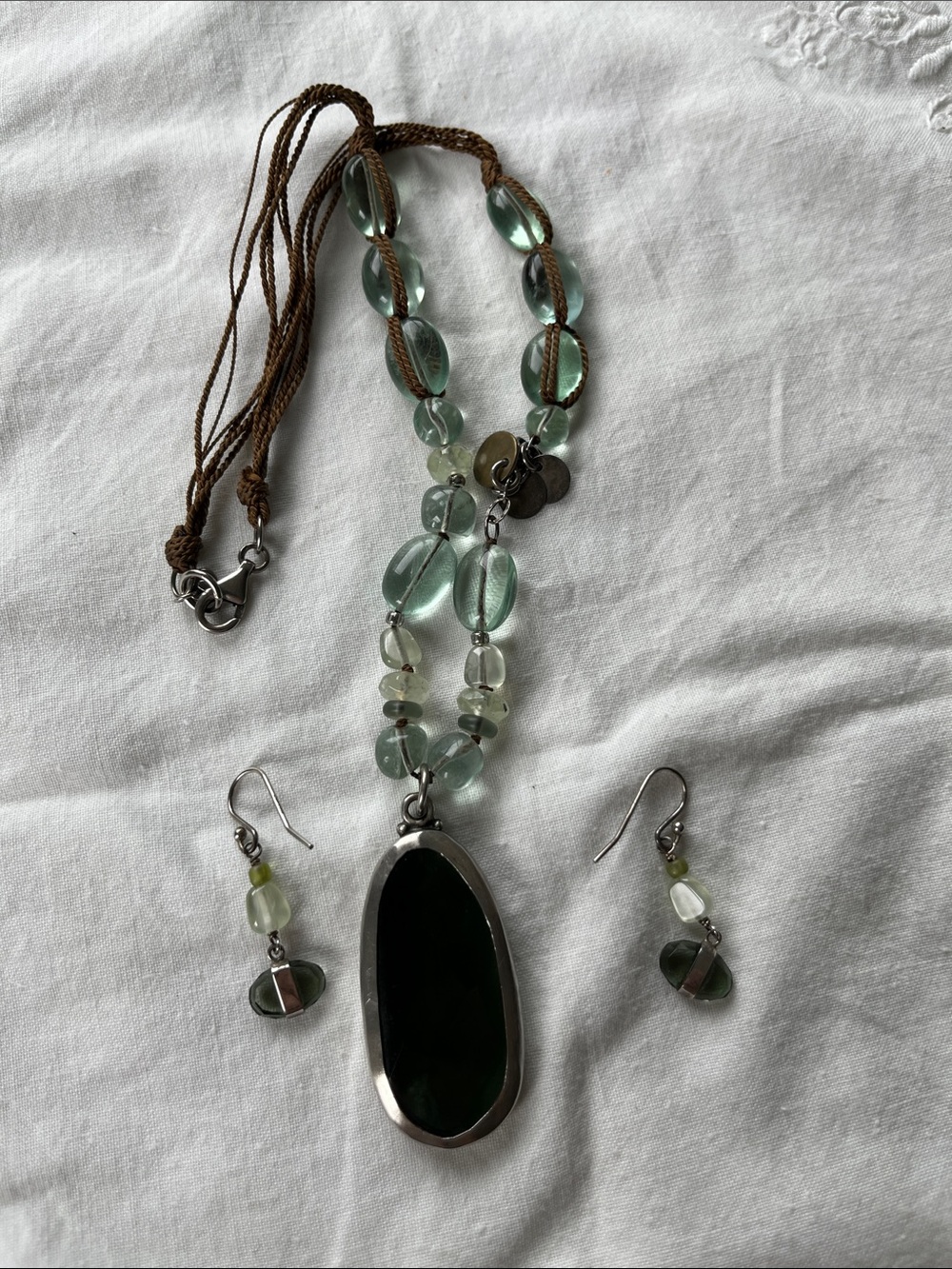 Silpada Green Glass Bead Necklace and Earring Set